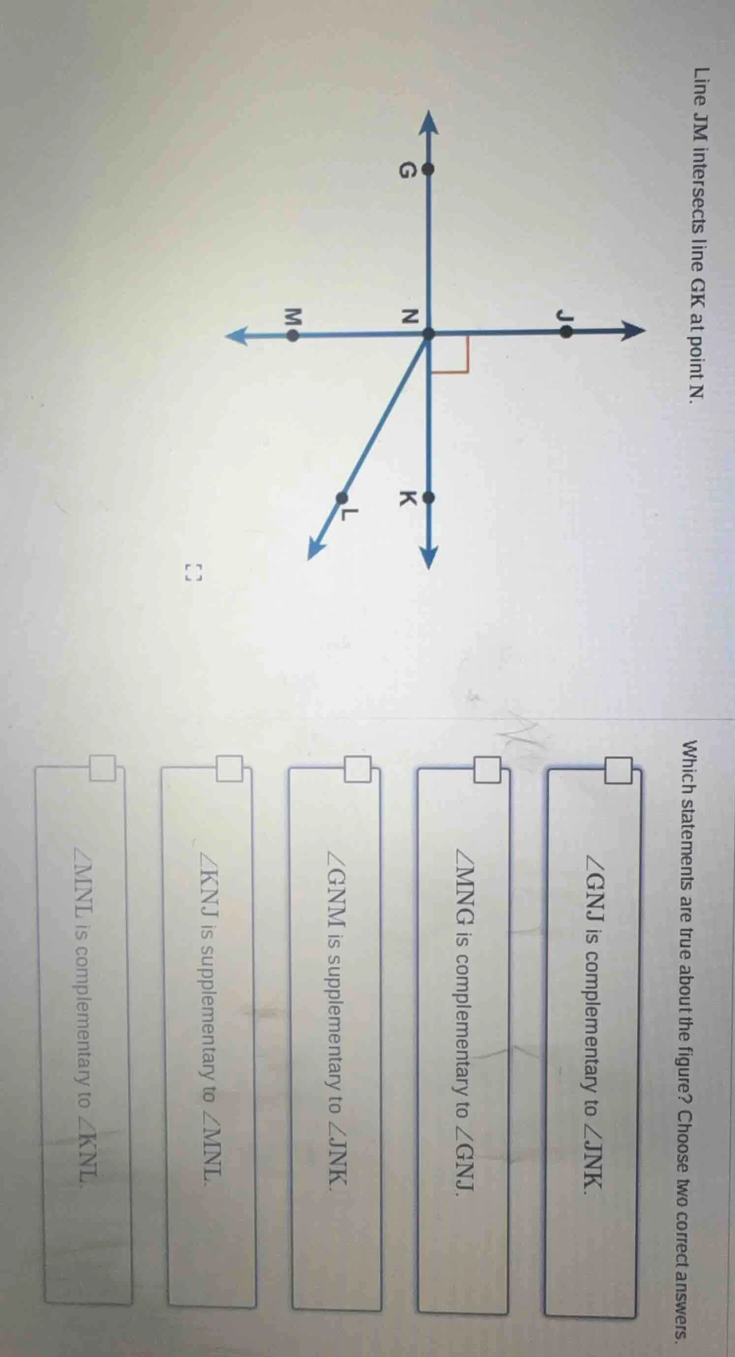 line jm intersects line gk at point n. which statements are true about …