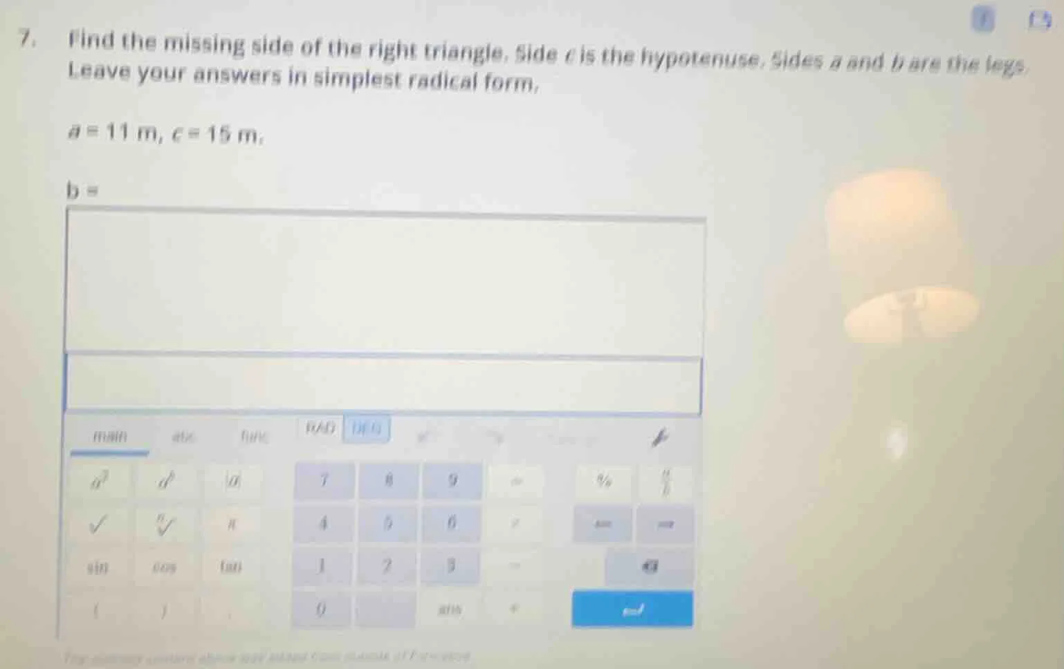 7. find the missing side of the right triangle. side c is the hypotenus…
