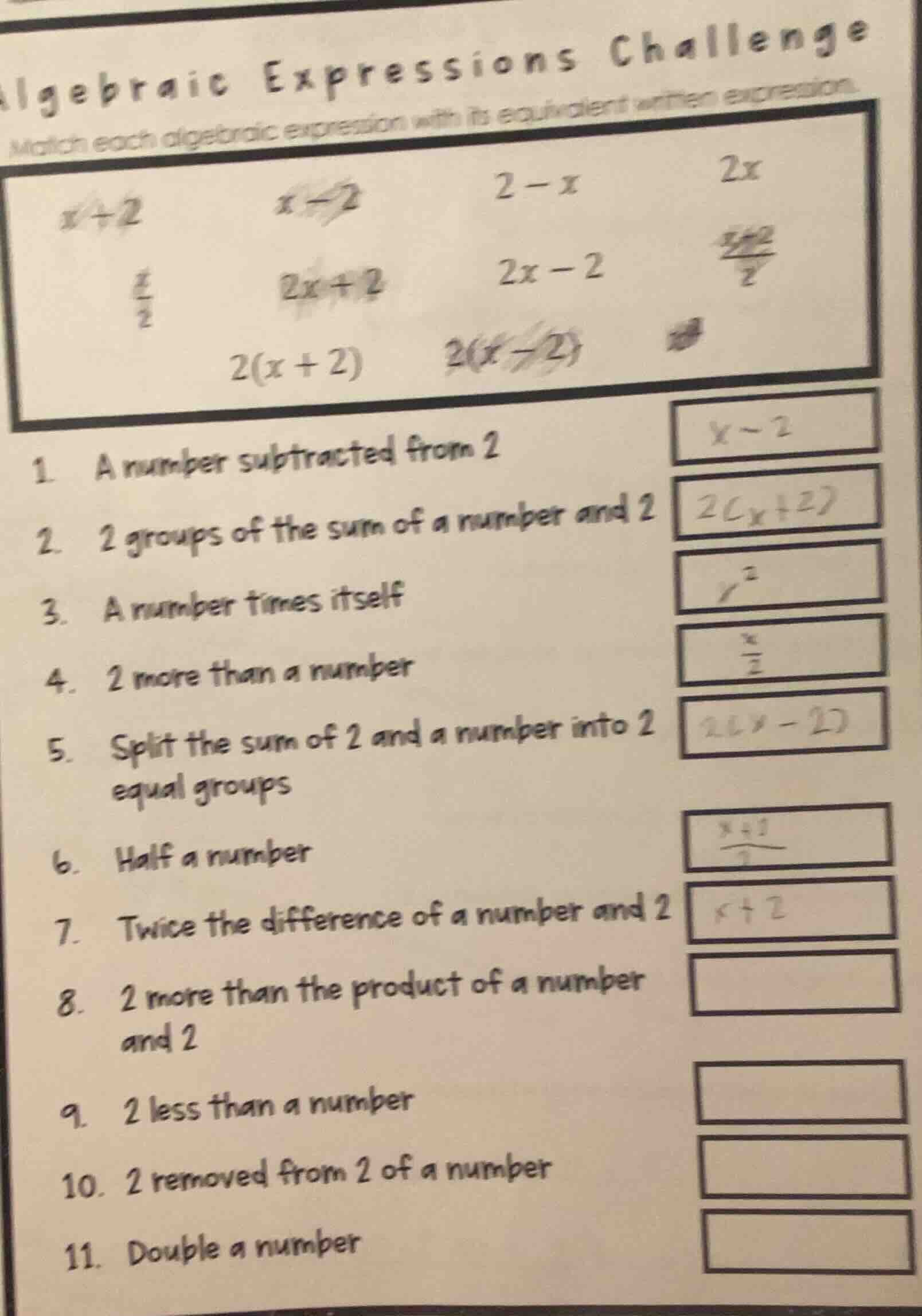 algebraic expressions challenge match each algebraic expression with it…
