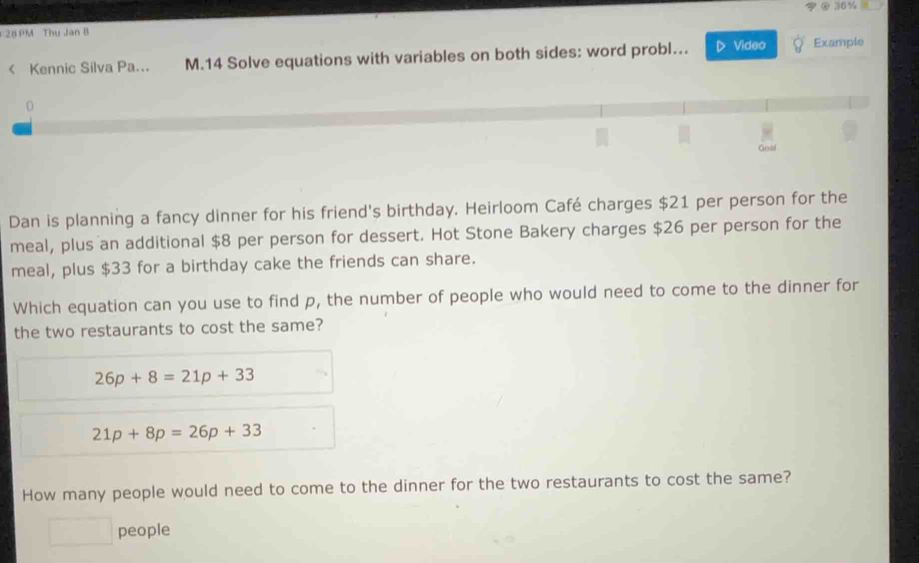 m.14 solve equations with variables on both sides: word probl... dan is…