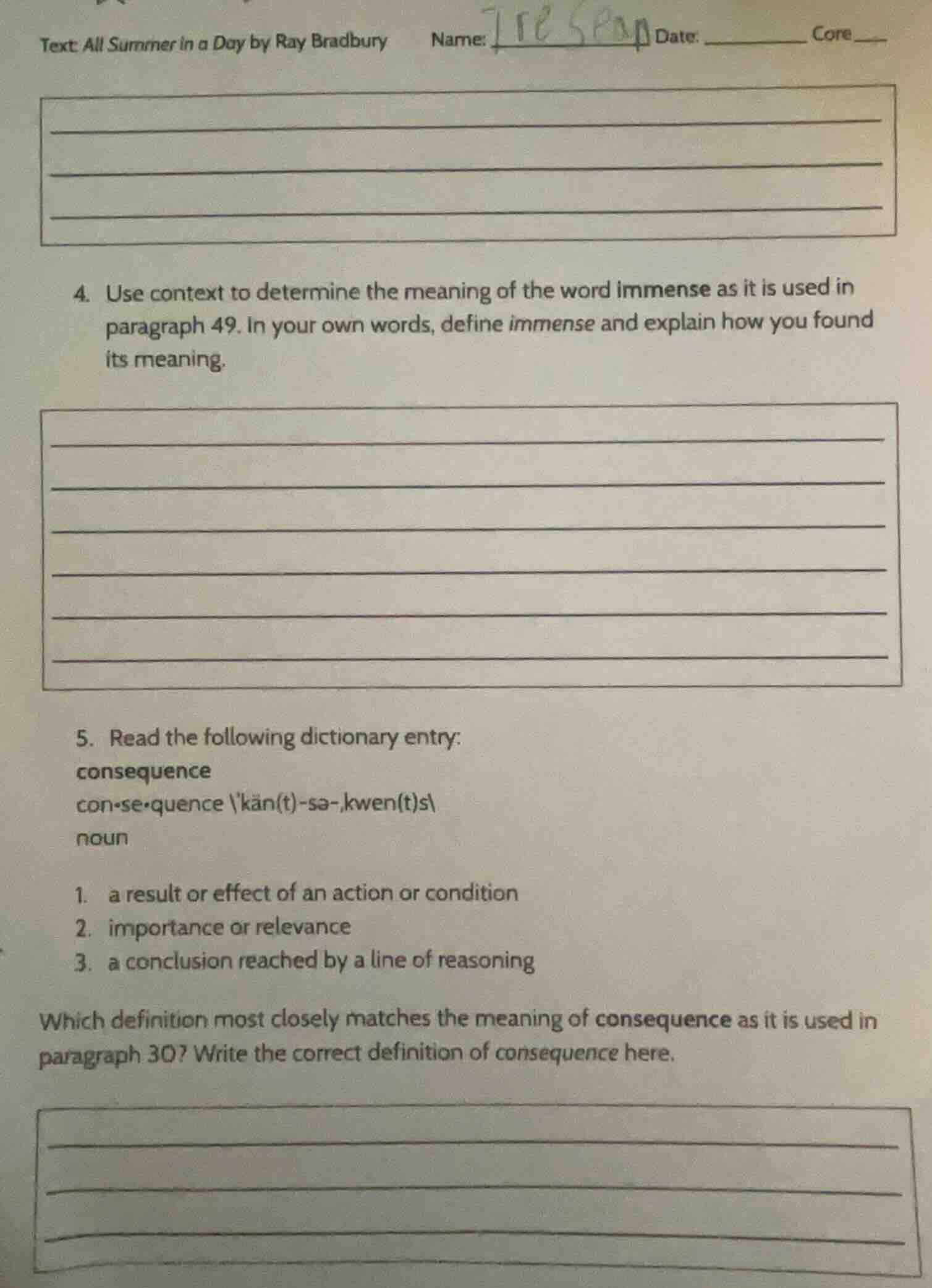 text: all summer in a day by ray bradbury name: ______ date: ______ cor…