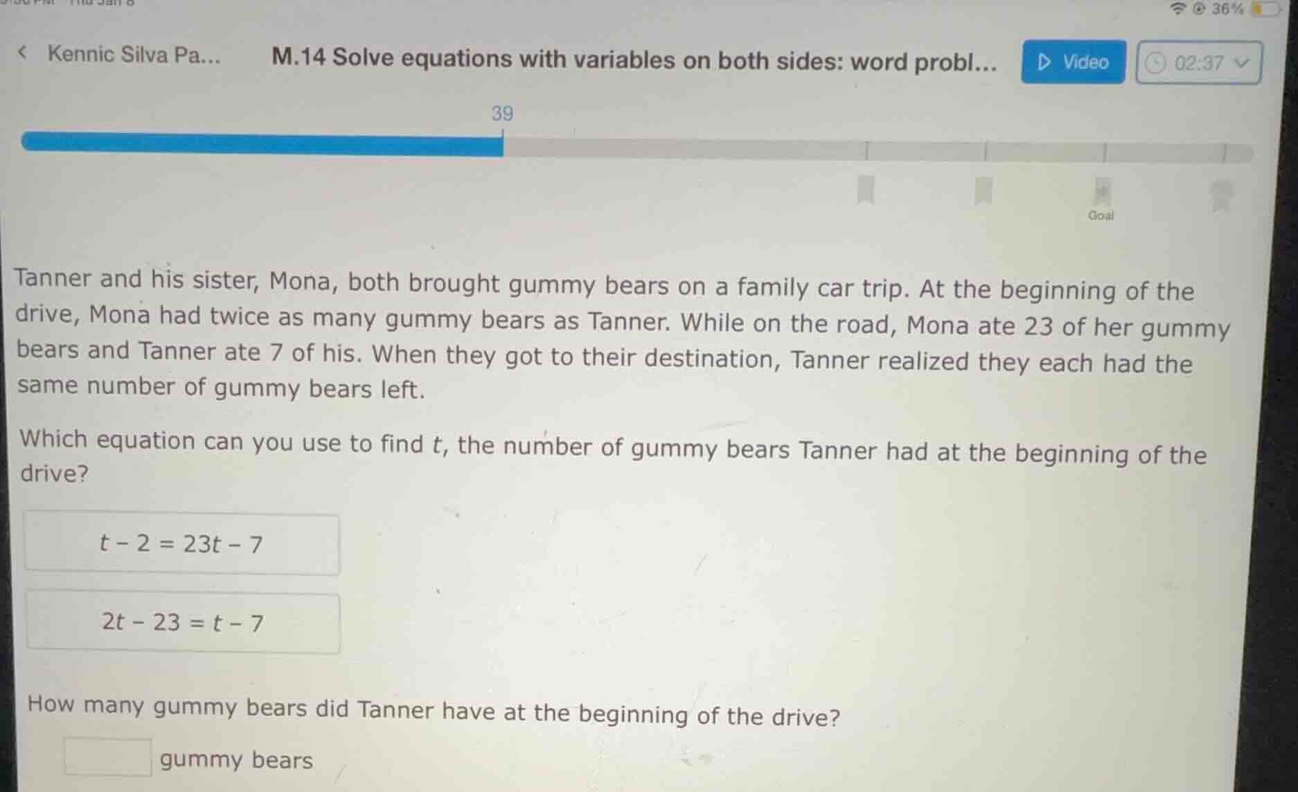 m.14 solve equations with variables on both sides: word probl... tanner…