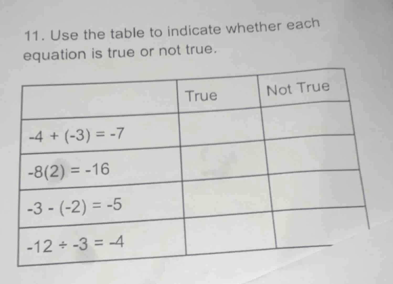 11. use the table to indicate whether each equation is true or not true…