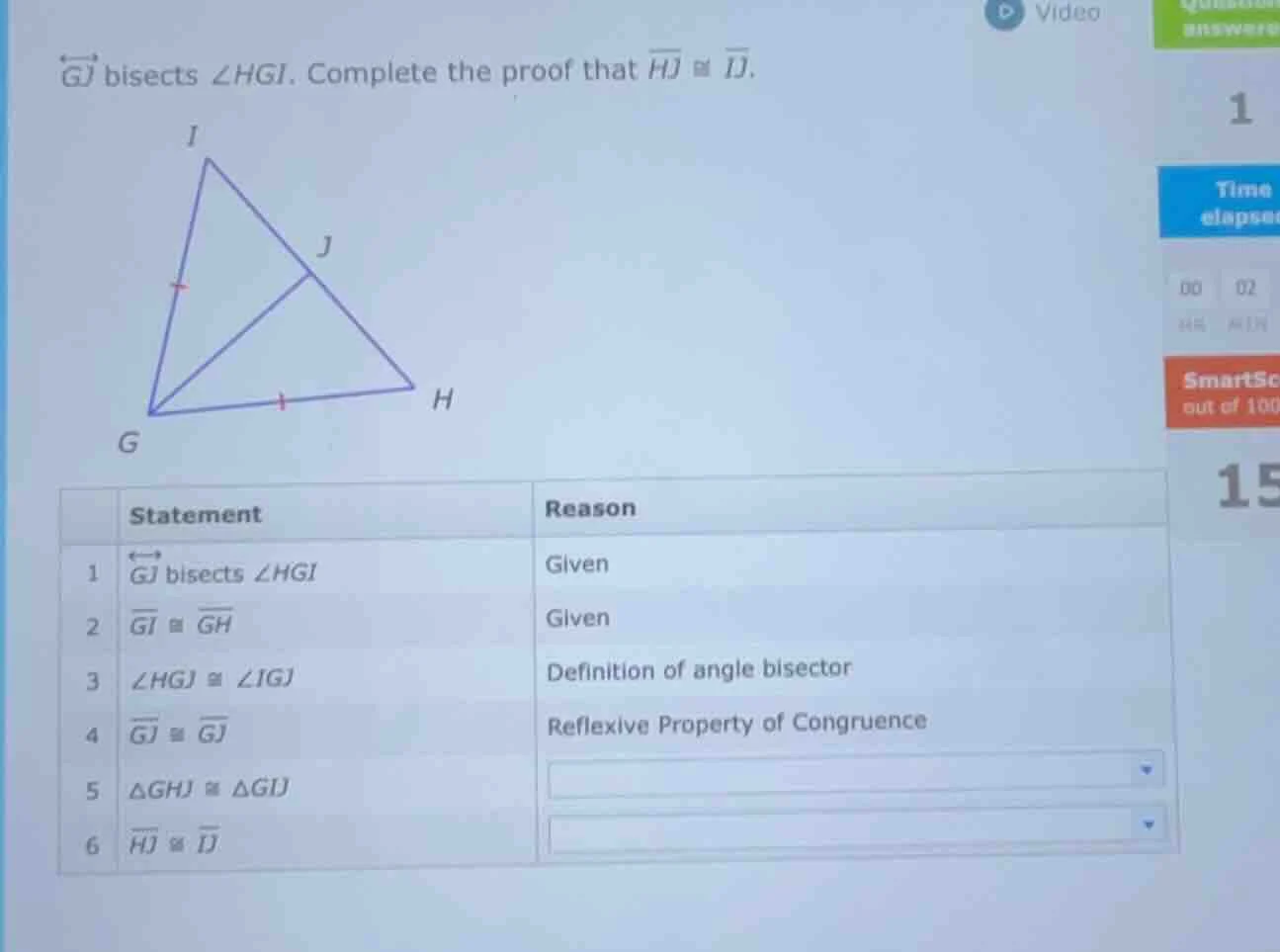 →← gj bisects ∠hgi. complete the proof that hj ≅ ij. triangle with vert…