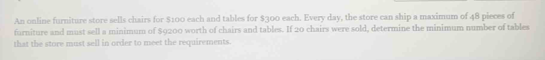 an online furniture store sells chairs for $100 each and tables for $30…