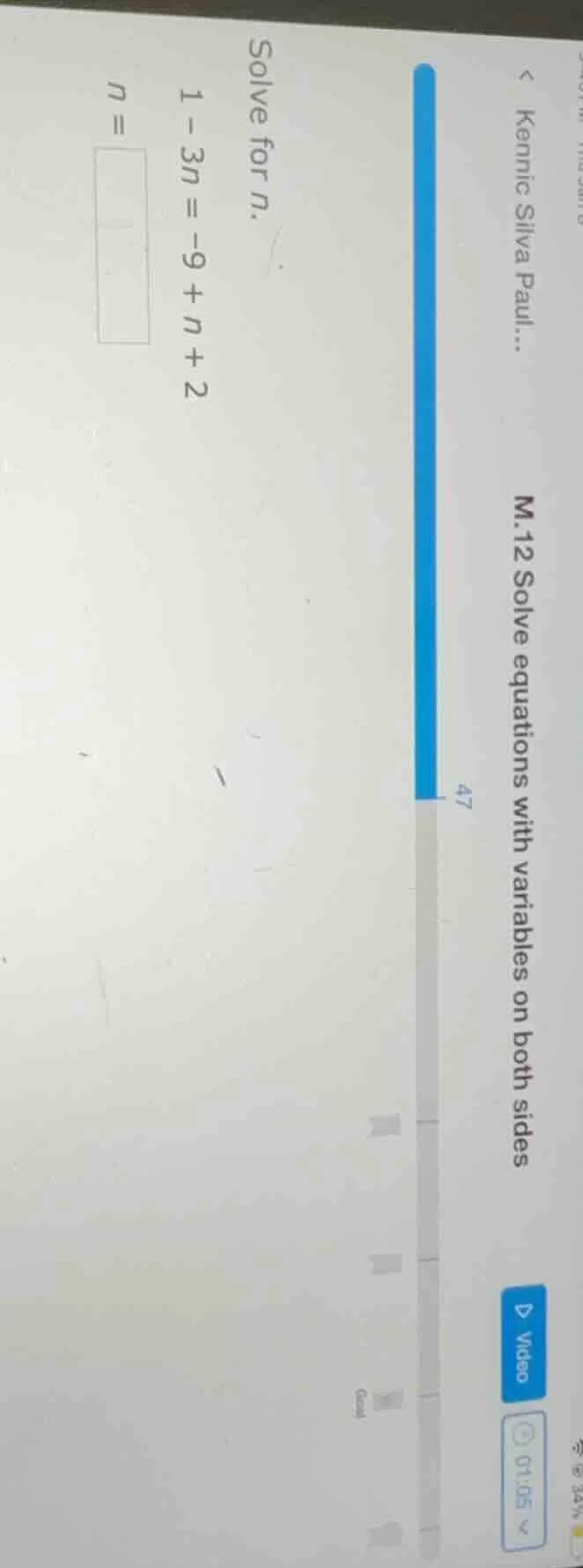 solve for n. 1 - 3n = -9 + n + 2 n =