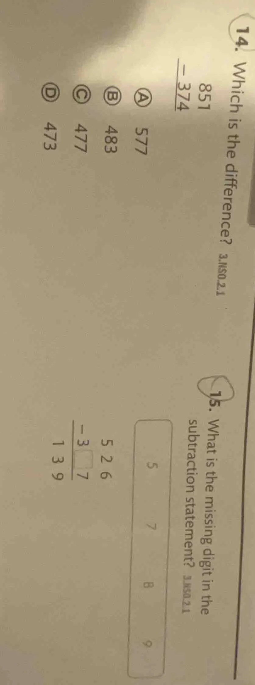 14. which is the difference? 3.ns0.2.1 $\begin{array}{r} 851\\ -374\\ h…