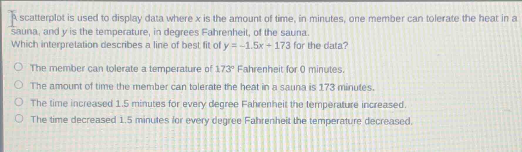 a scatterplot is used to display data where x is the amount of time, in…