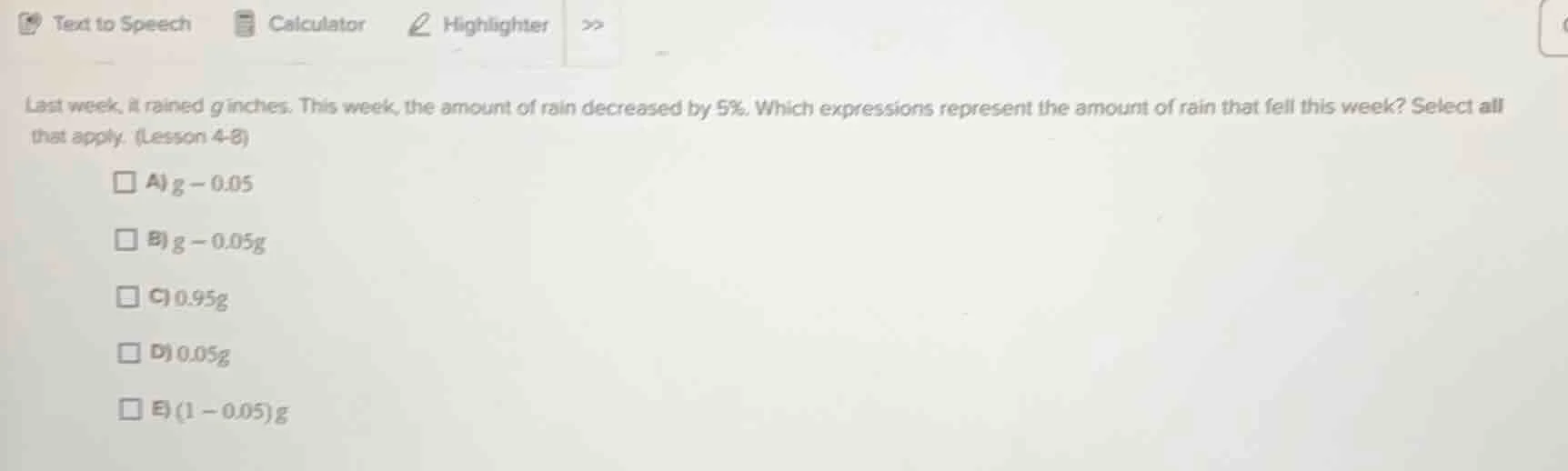 last week, it rained ( g ) inches. this week, the amount of rain decrea…