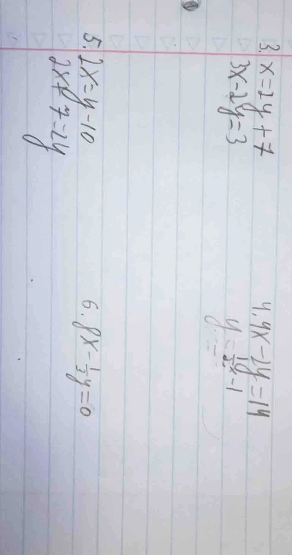 3. ( x = 2y + 7 ) ( 3x - 2y = 3 ) 4. ( 4x - 2y = 14 ) ( y = \frac{1}{2}…