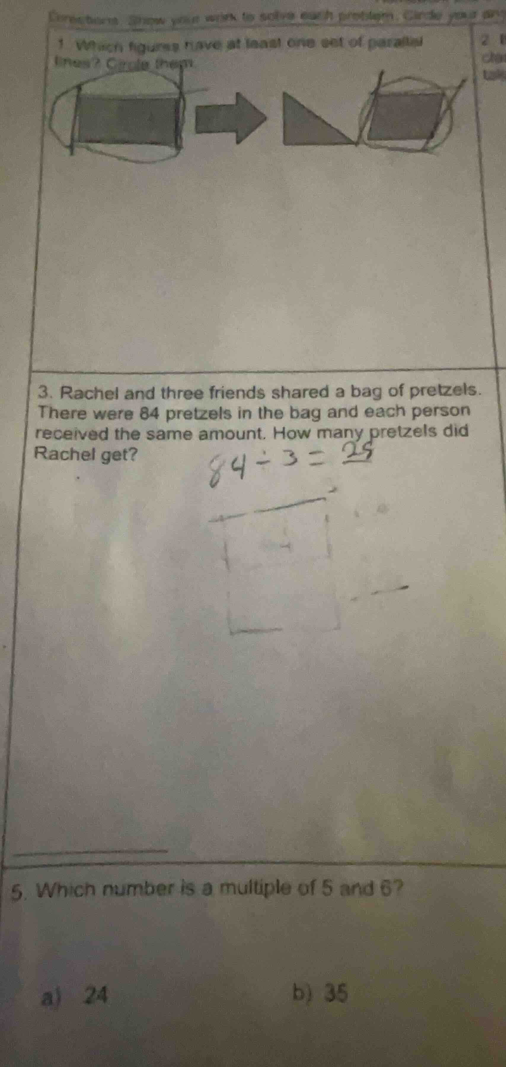 3. rachel and three friends shared a bag of pretzels. there were 84 pre…