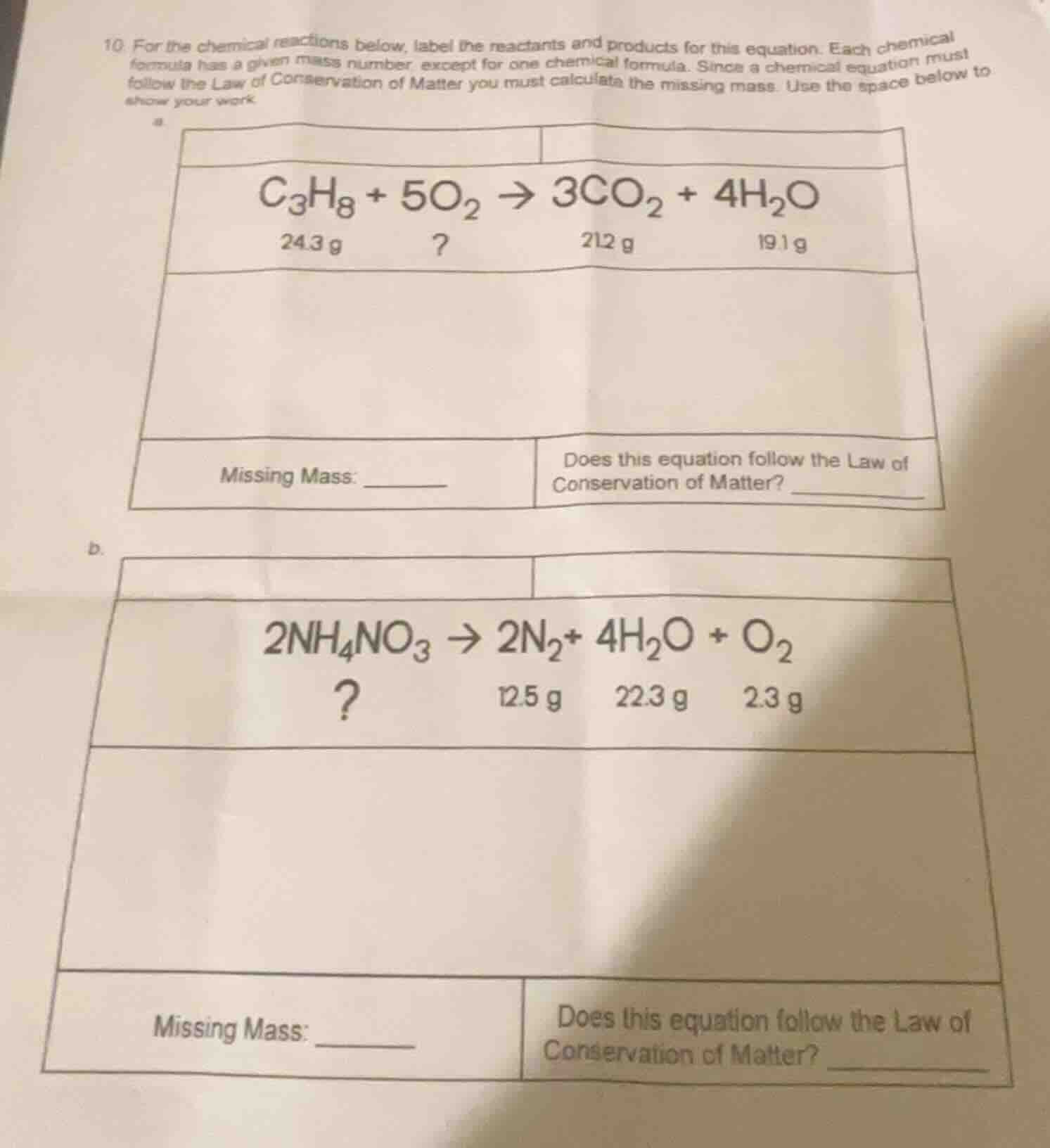 10. for the chemical reactions below, label the reactants and products …