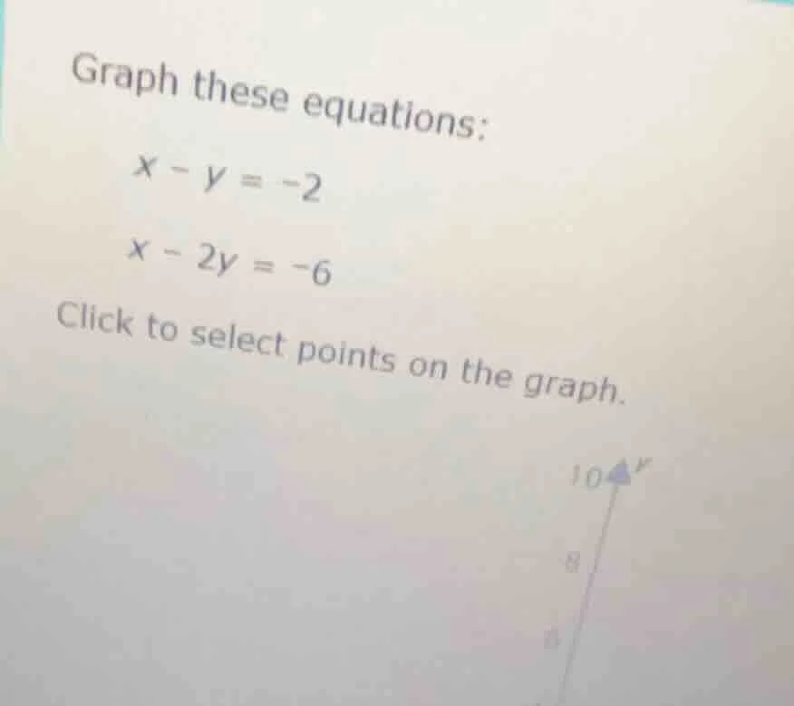 graph these equations: $x - y = -2$ $x - 2y = -6$ click to select point…