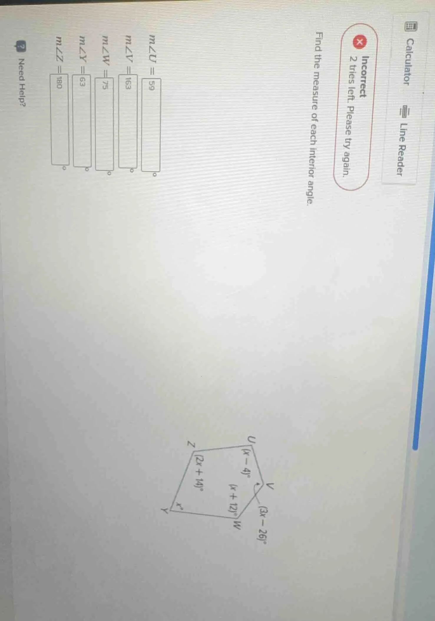 find the measure of each interior angle. m∠u = 59 m∠v = 163 m∠w = 75 m∠…