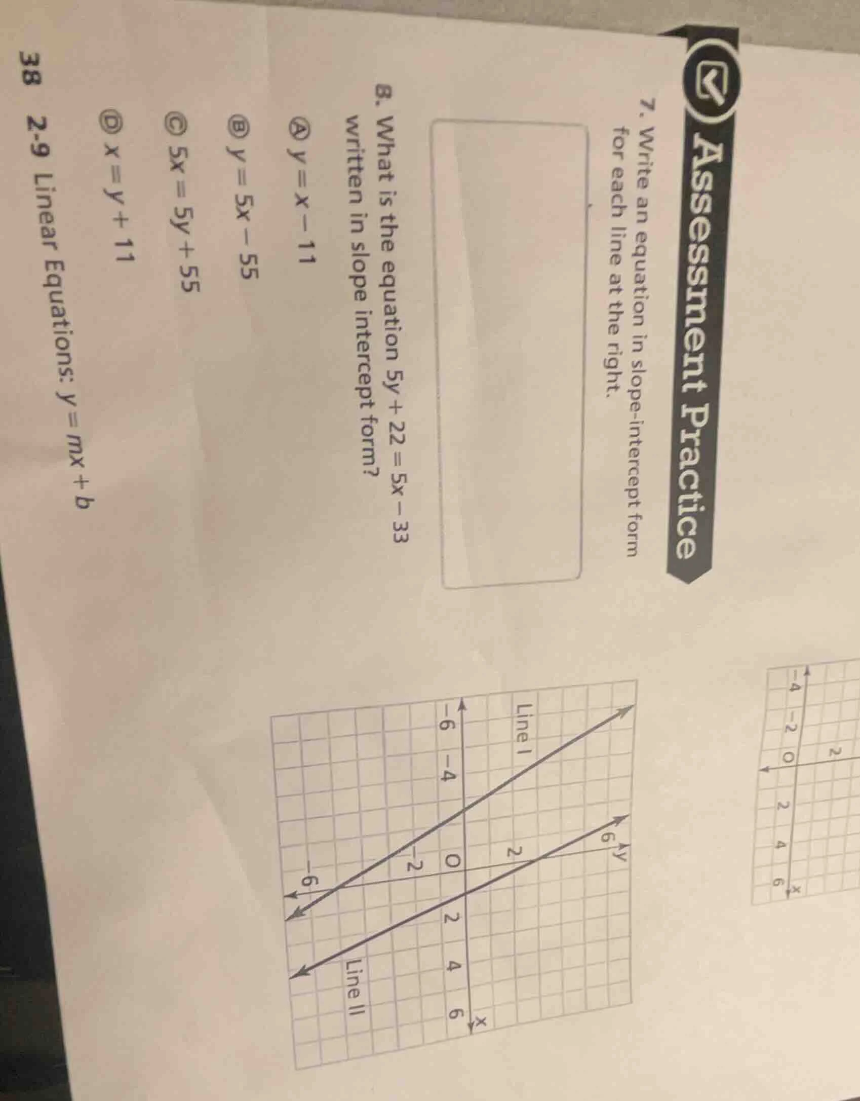 7. write an equation in slope - intercept form for each line at the rig…