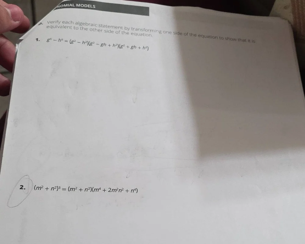 polynomial models 9. verify each algebraic statement by transforming on…