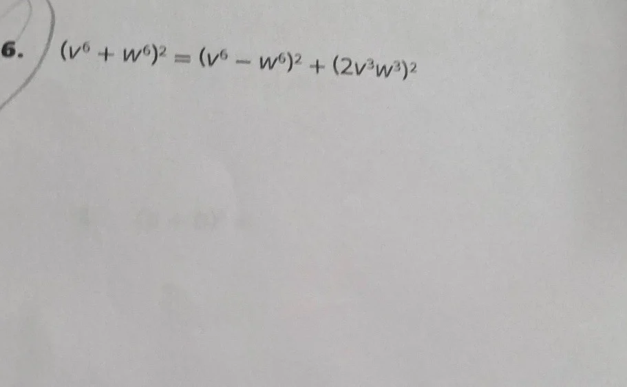 6. ((v^6 + w^6)^2 = (v^6 - w^6)^2 + (2v^3w^3)^2)
