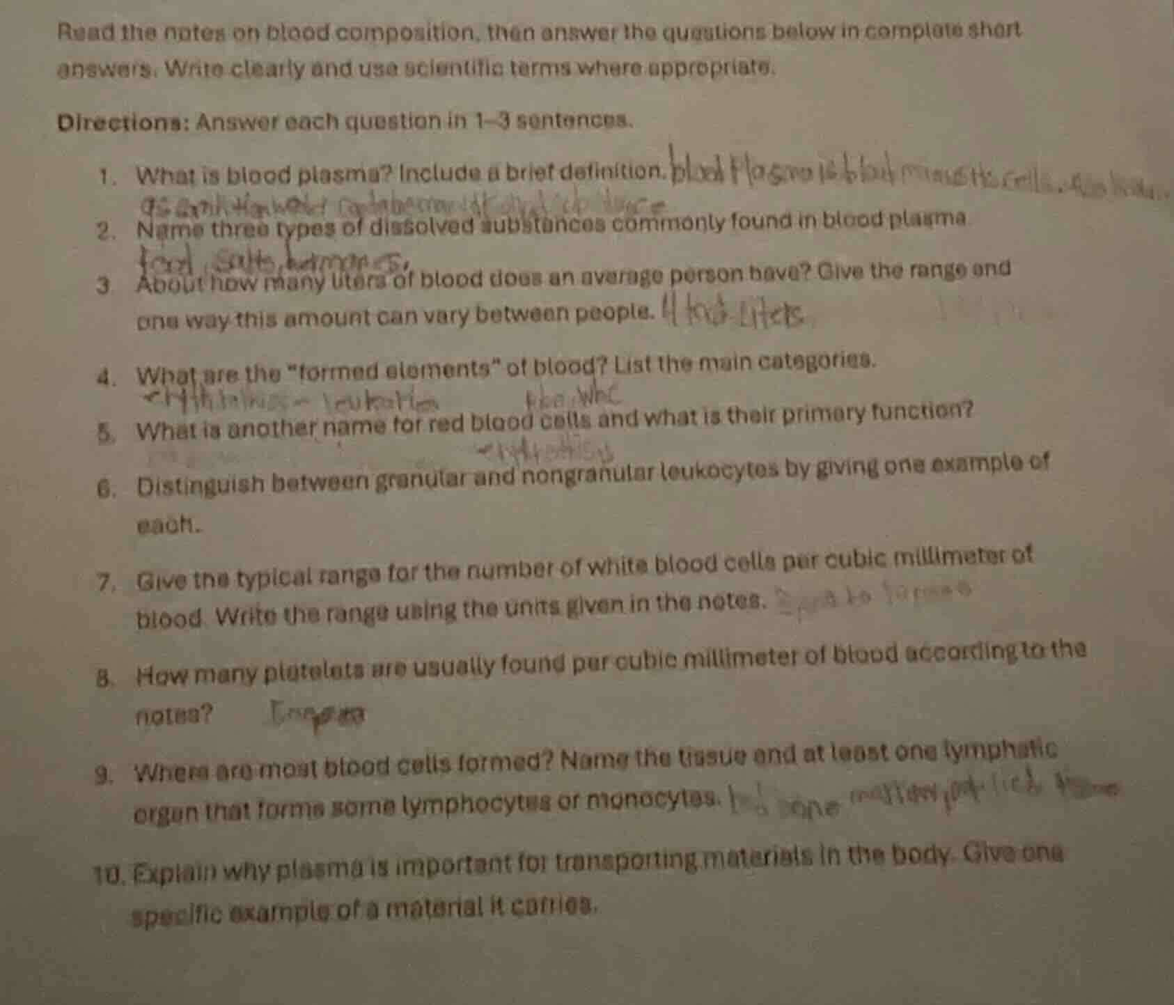 read the notes on blood composition, then answer the questions below in…