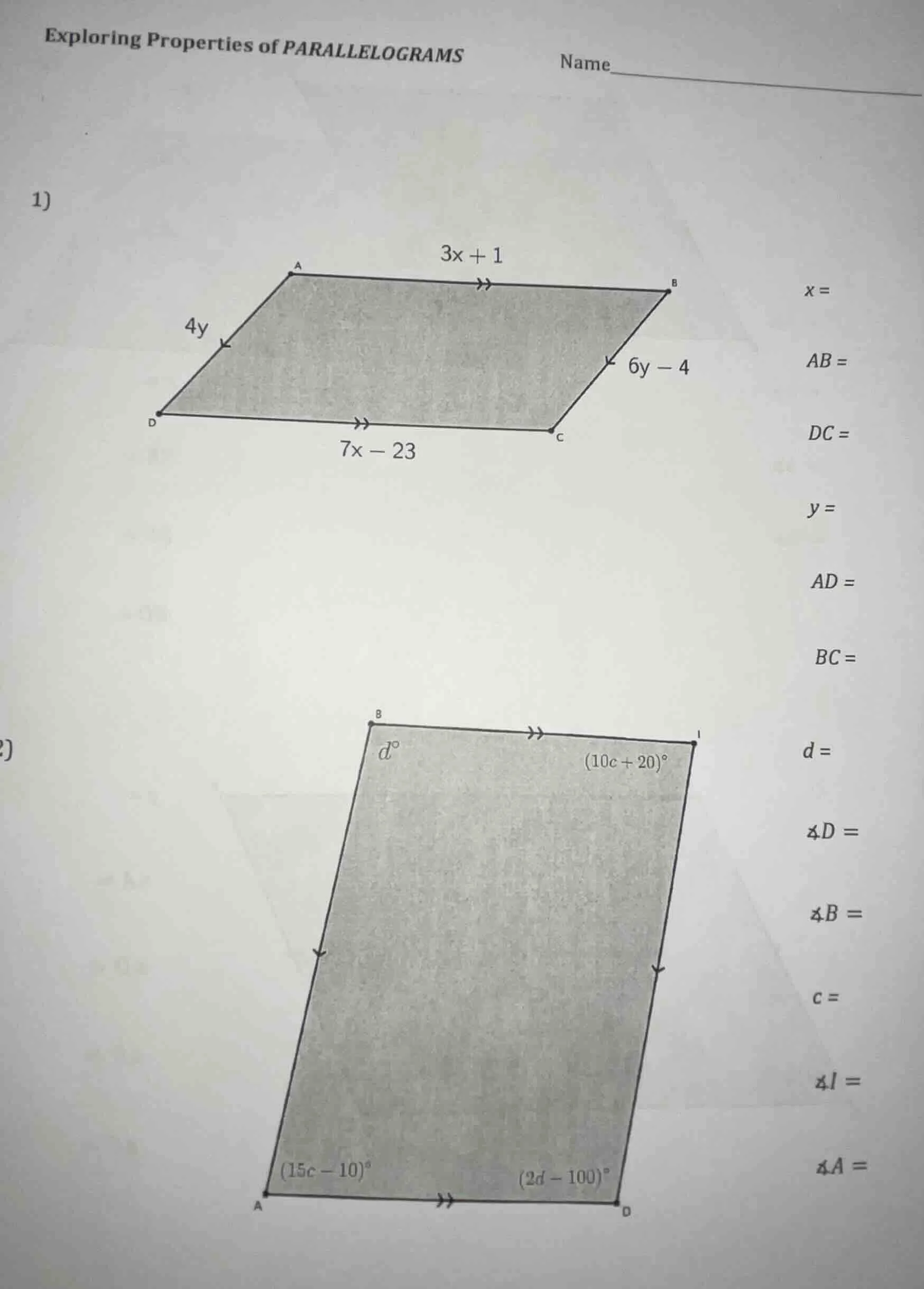 exploring properties of parallelograms name 1) (figure of a parallelogr…