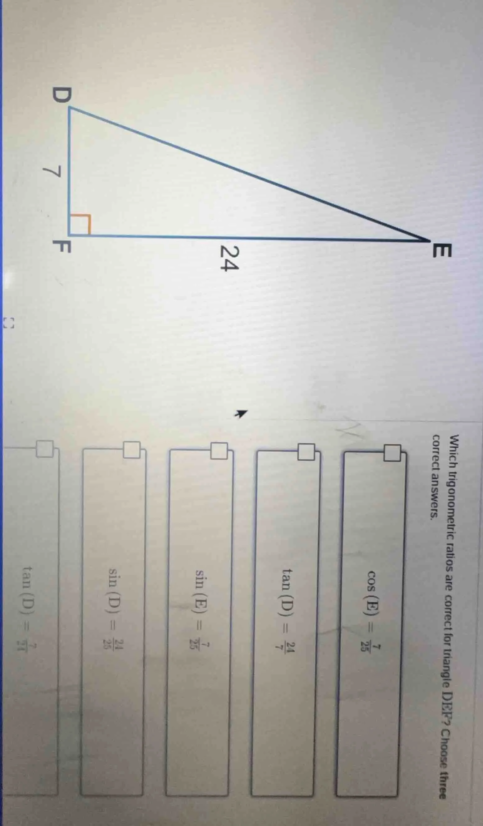 which trigonometric ratios are correct for triangle def? choose three c…