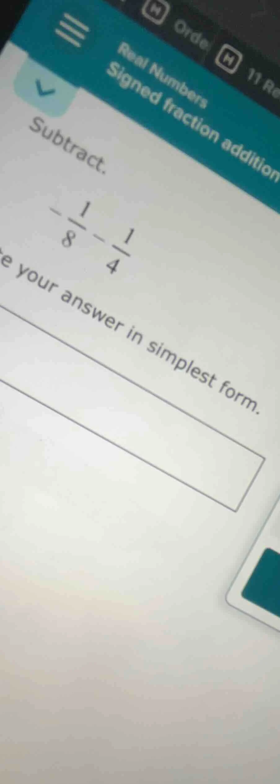 subtract. $-\frac{1}{8} - \frac{1}{4}$ give your answer in simplest for…