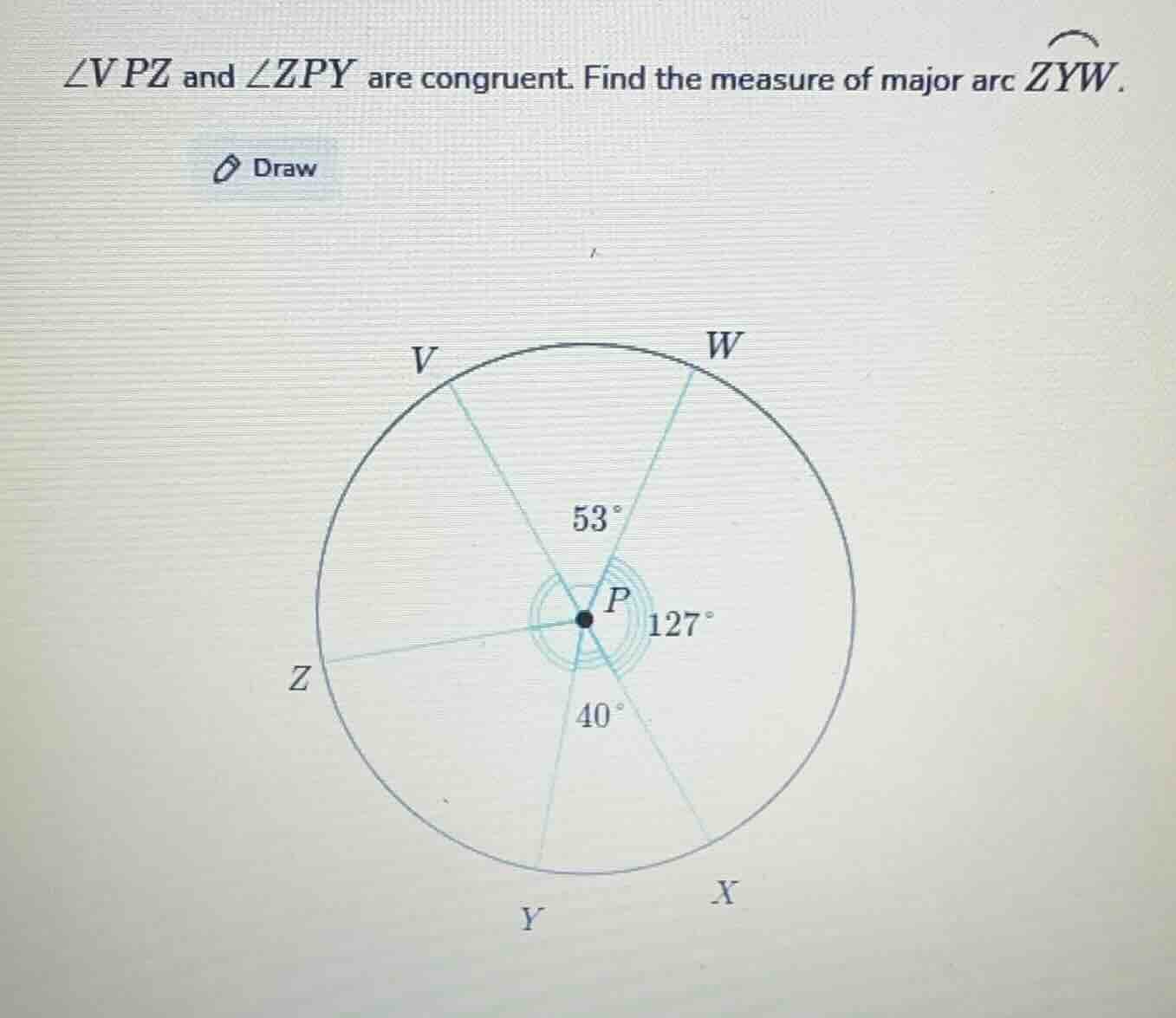 ∠vpz and ∠zpy are congruent. find the measure of major arc \\(\\overarc…