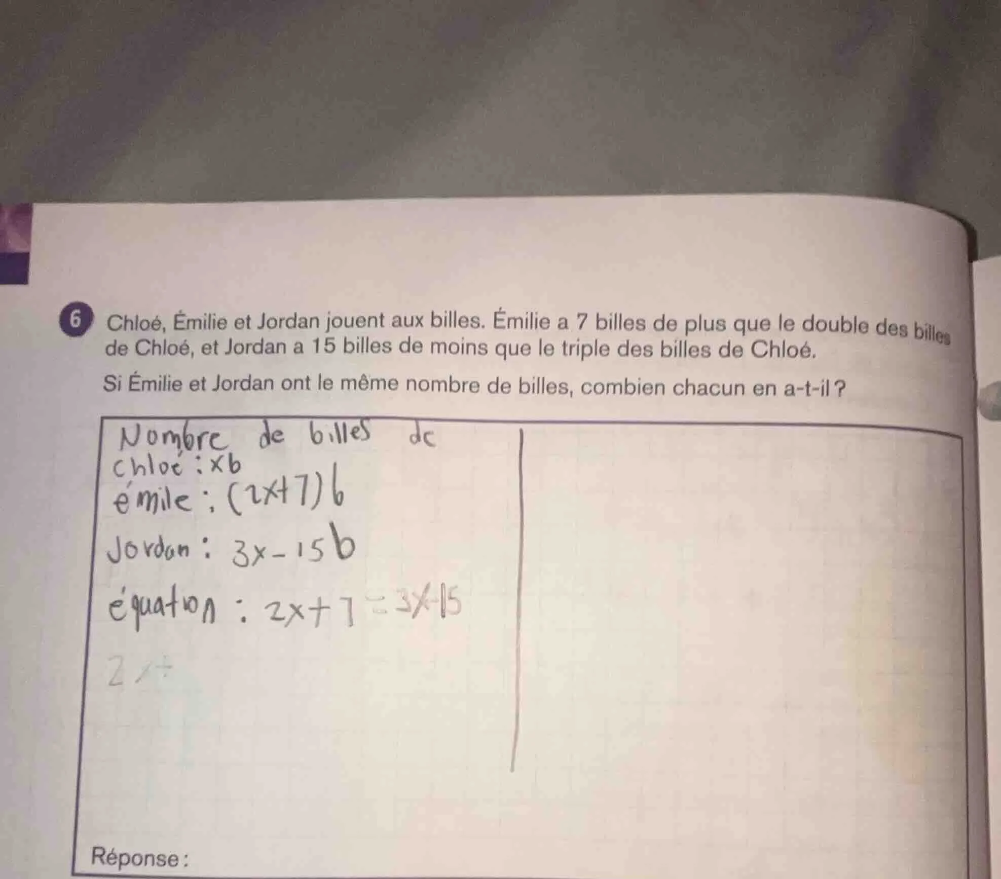 6 chloé, émilie et jordan jouent aux billes. émilie a 7 billes de plus …