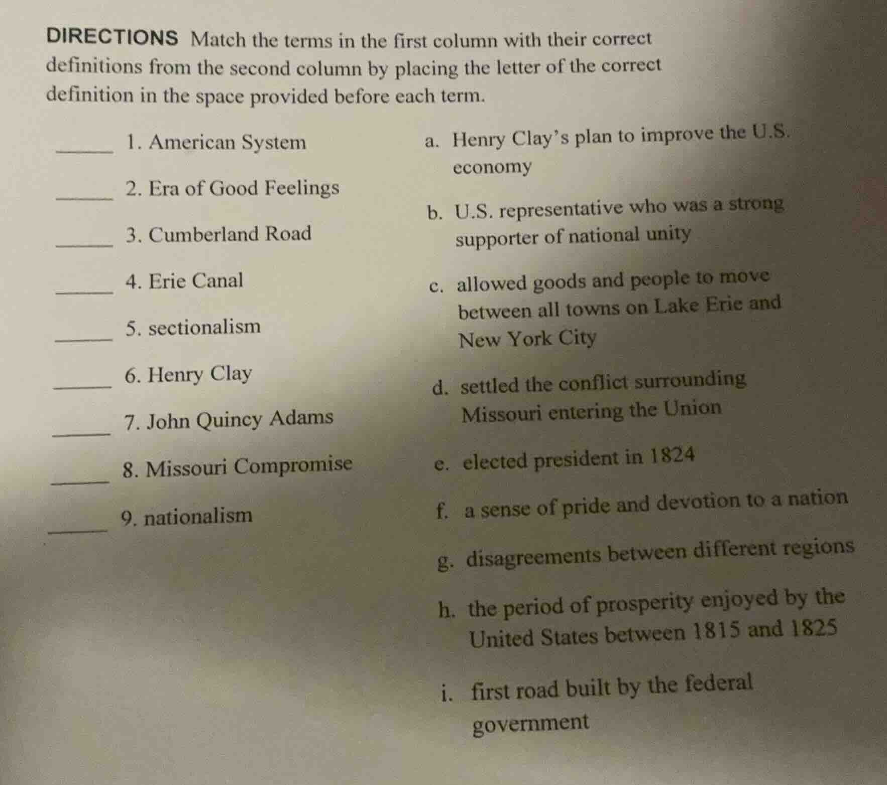 directions match the terms in the first column with their correct defin…