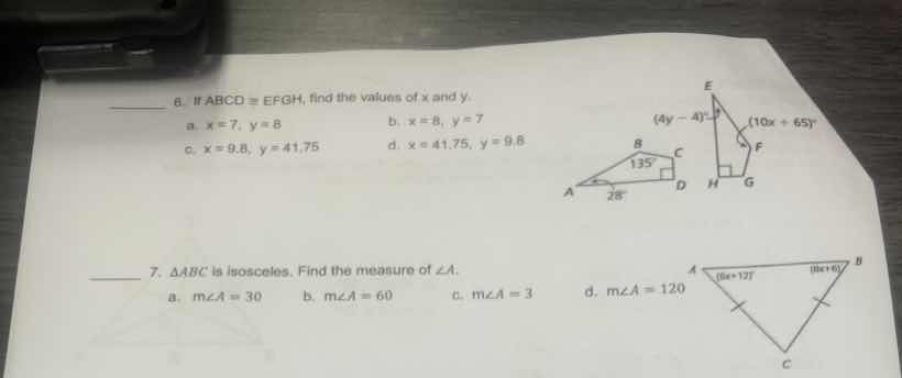 6. if abcd ≅ efgh, find the values of x and y. a. x = 7, y = 8 b. x = 8…