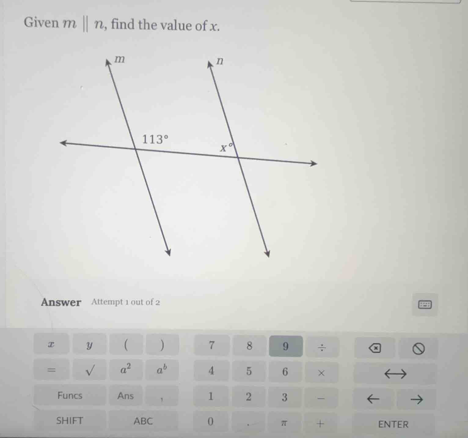 given $m \\parallel n$, find the value of $x$. (there is a diagram show…