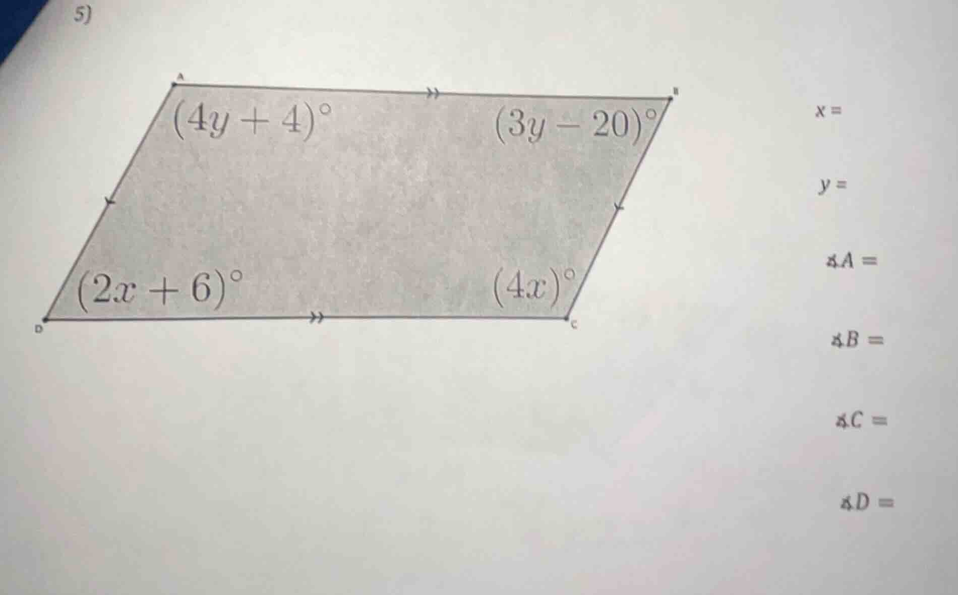 5) in the parallelogram (labeled with vertices a, b, c, d), angle at a …