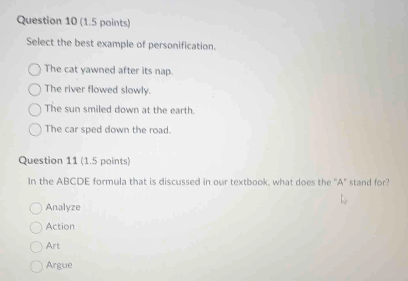 question 10 (1.5 points) select the best example of personification. ○ …