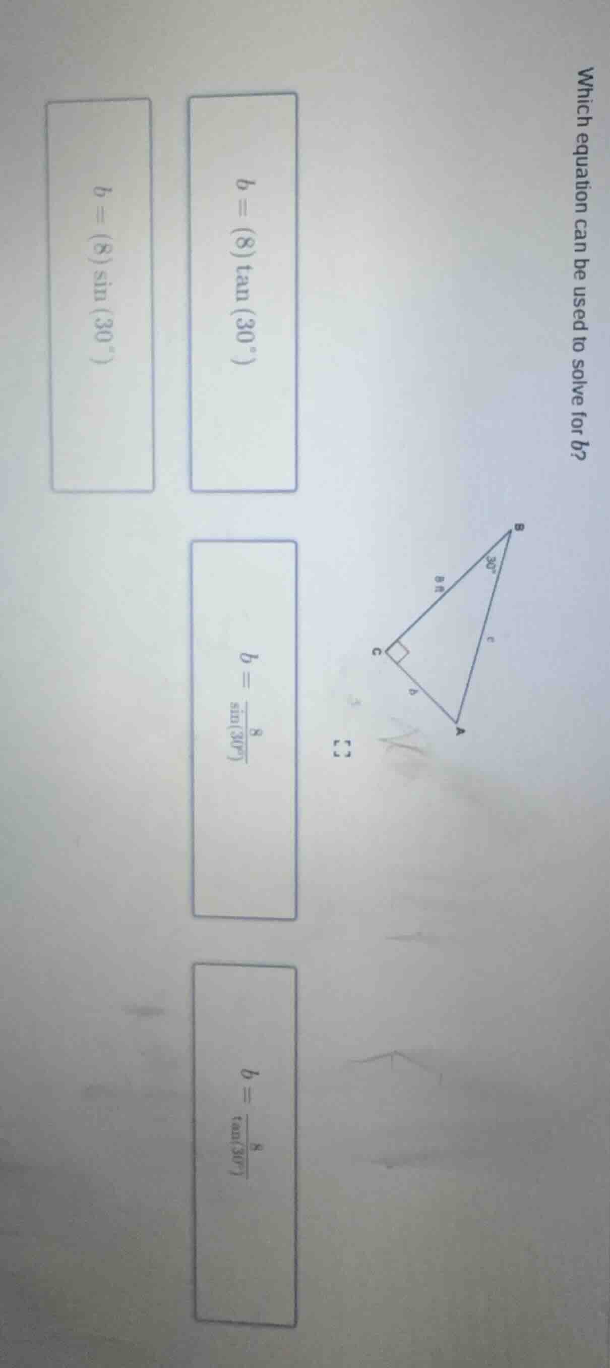 which equation can be used to solve for b? triangle with right angle at…