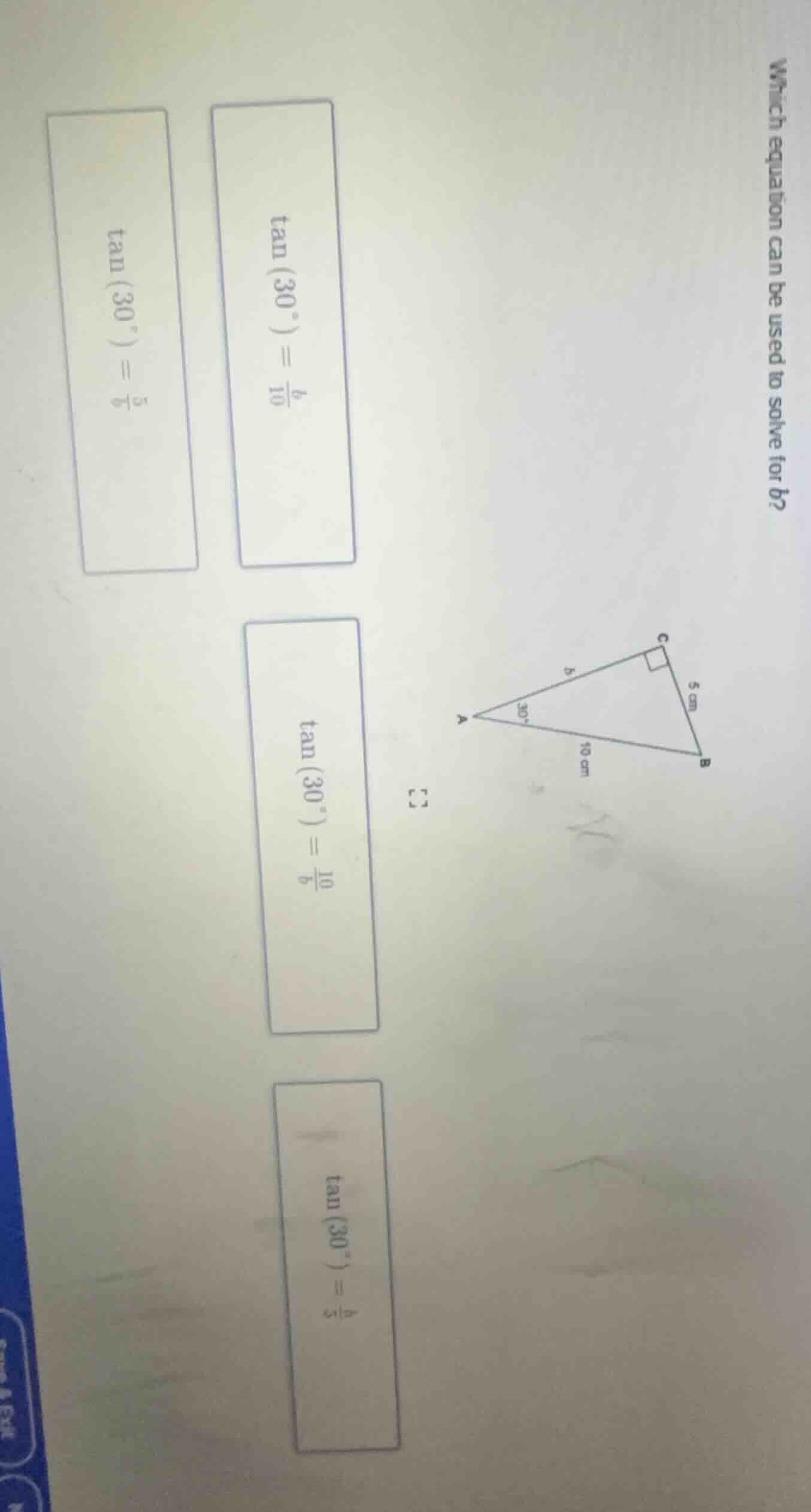 which equation can be used to solve for b? there is a right triangle ab…