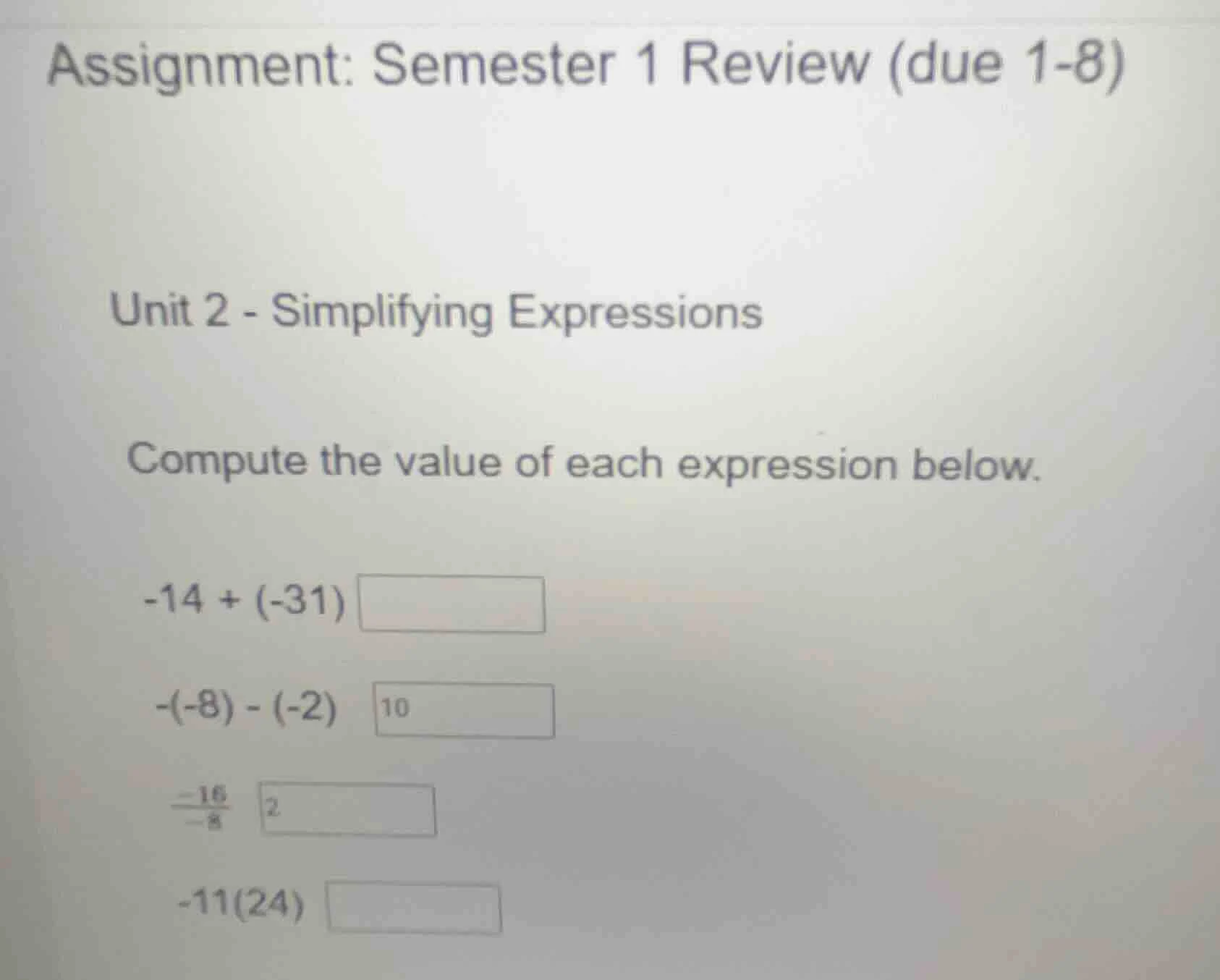 assignment: semester 1 review (due 1-8) unit 2 - simplifying expression…
