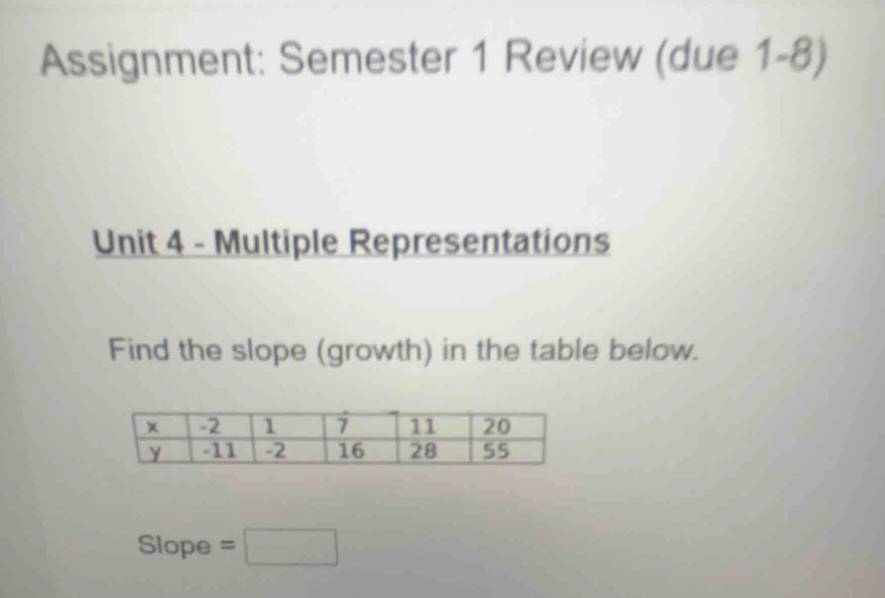 assignment: semester 1 review (due 1-8) unit 4 - multiple representatio…