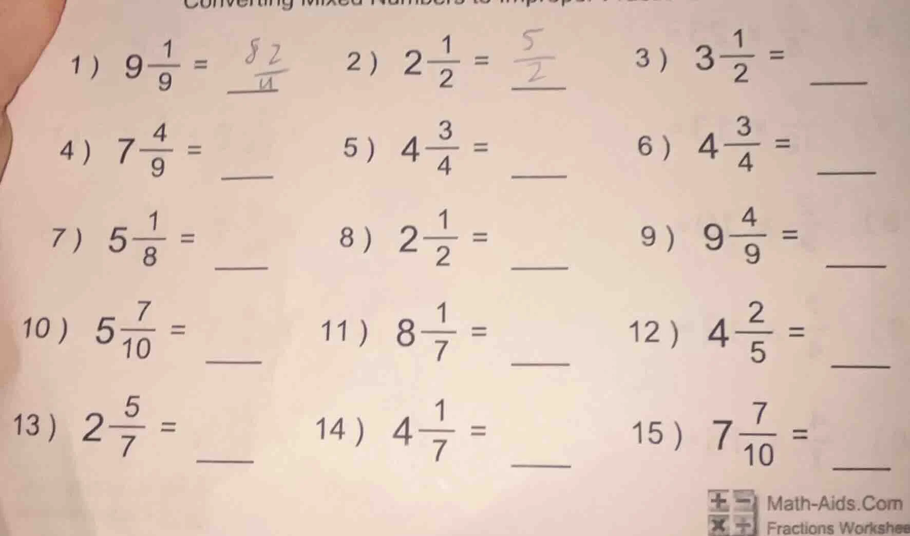 converting mixed numbers to improper fractions 1) $9\\frac{1}{9} = \\fr…