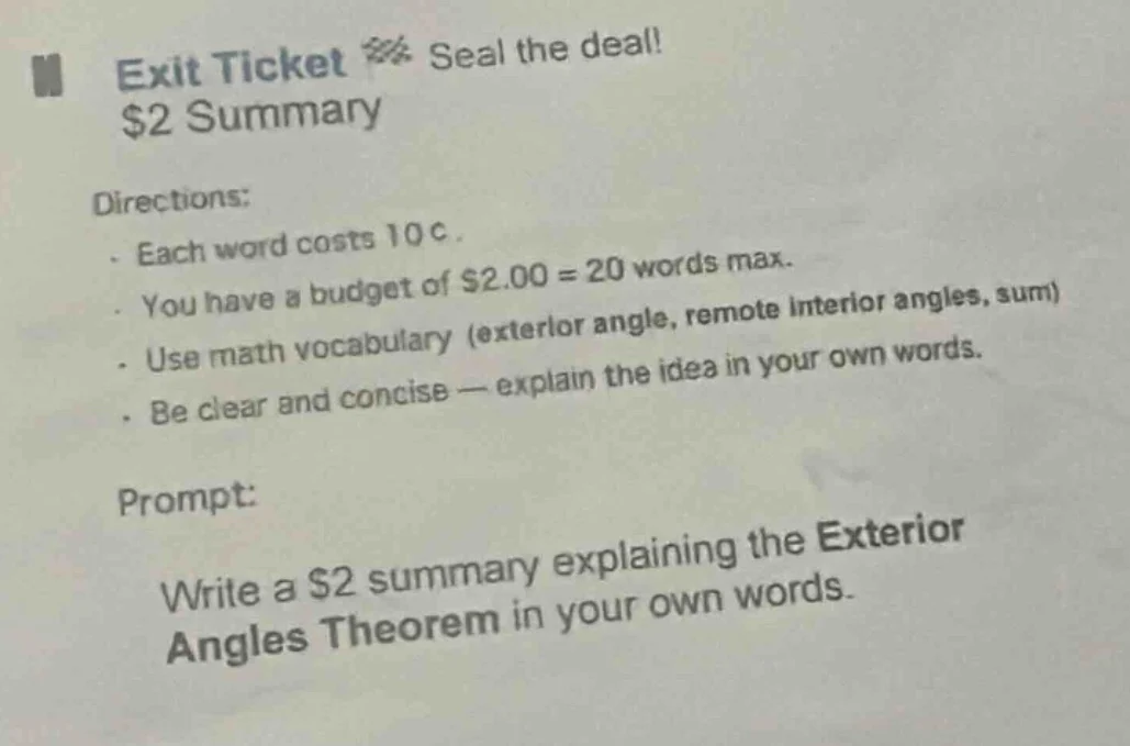 exit ticket seal the deal! $2 summary directions: - each word costs 10 …