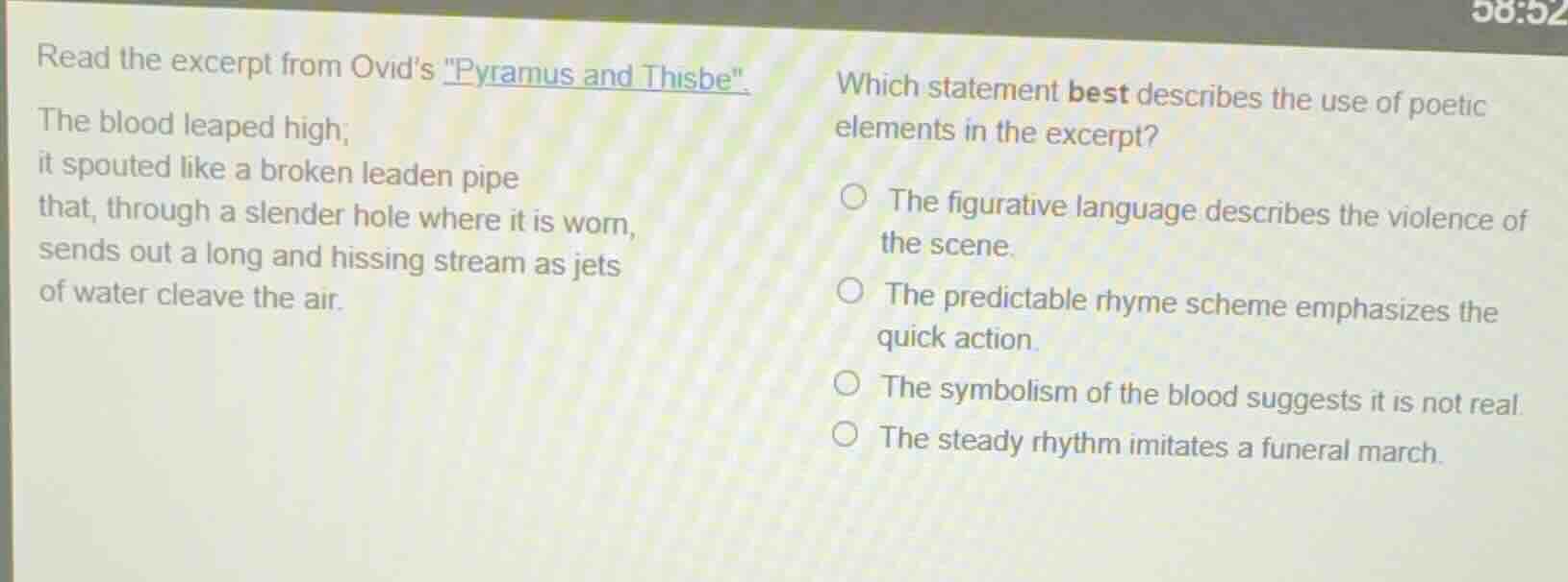 read the excerpt from ovids \pyramus and thisbe\. the blood leaped high…