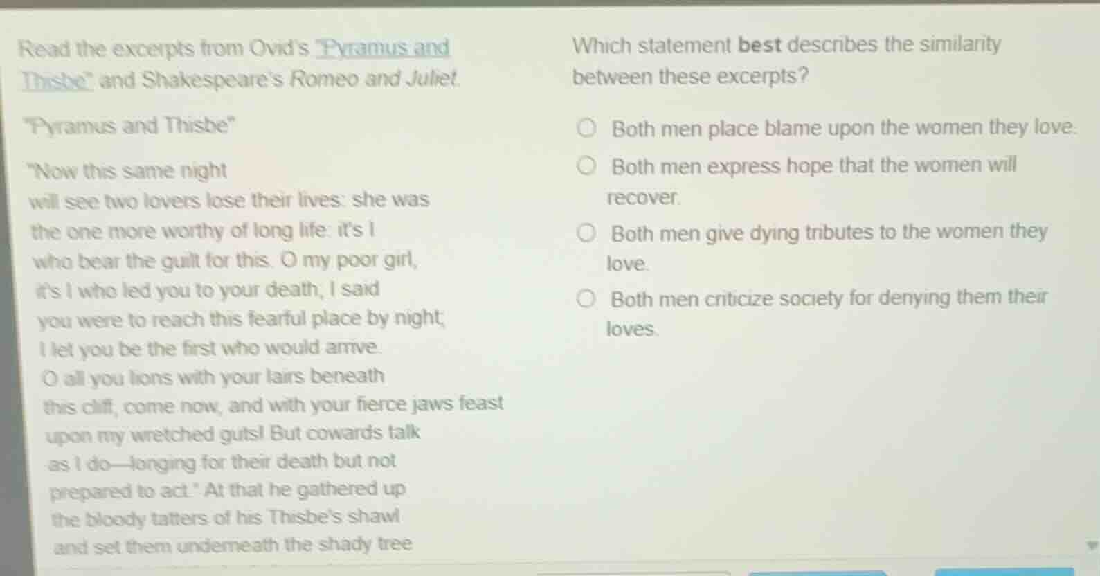 read the excerpts from ovids pyramus and thisbe and shakespeares romeo …