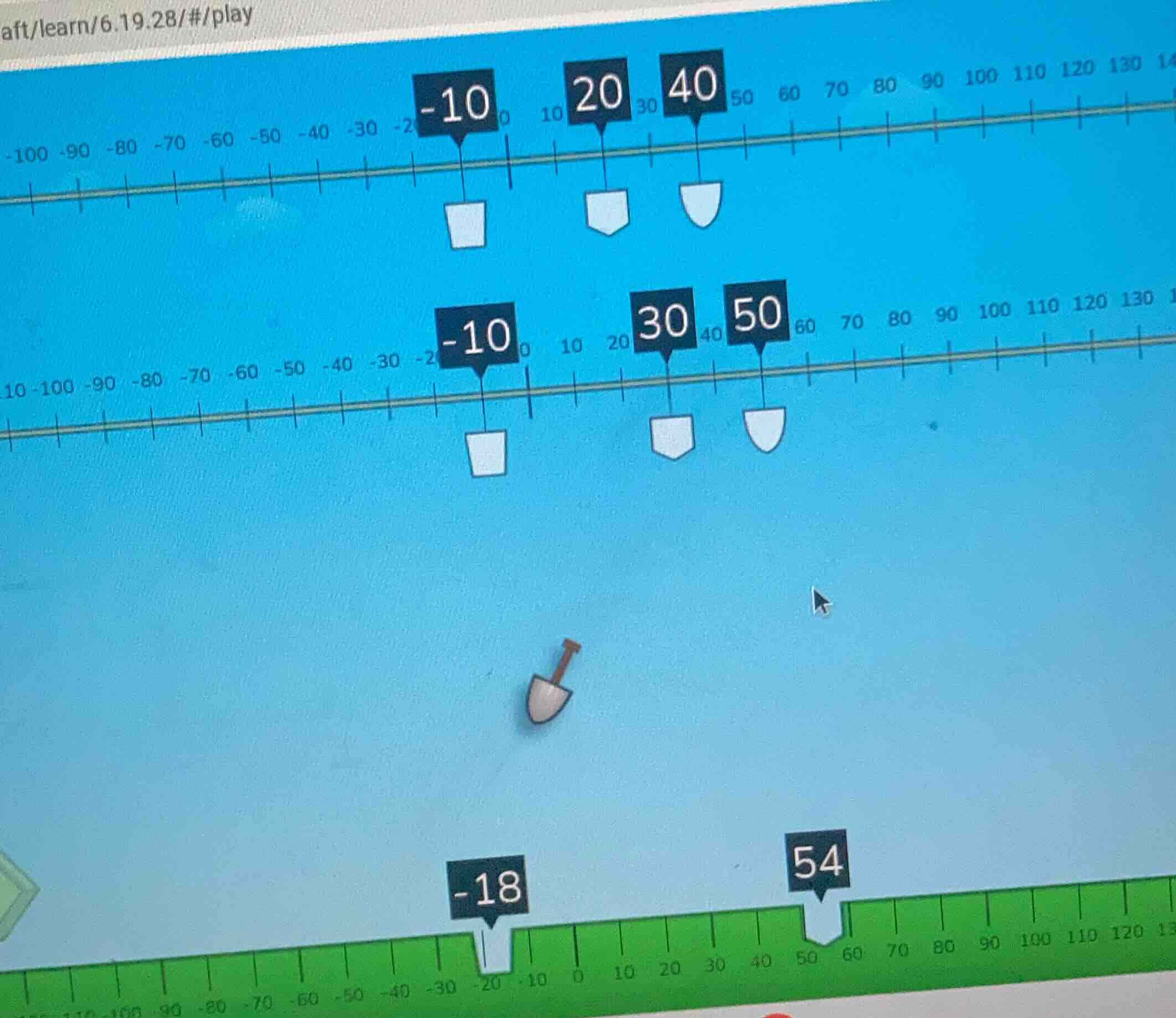 there are number lines with marked points (-10,20,40), (-10,30,50), (-1…