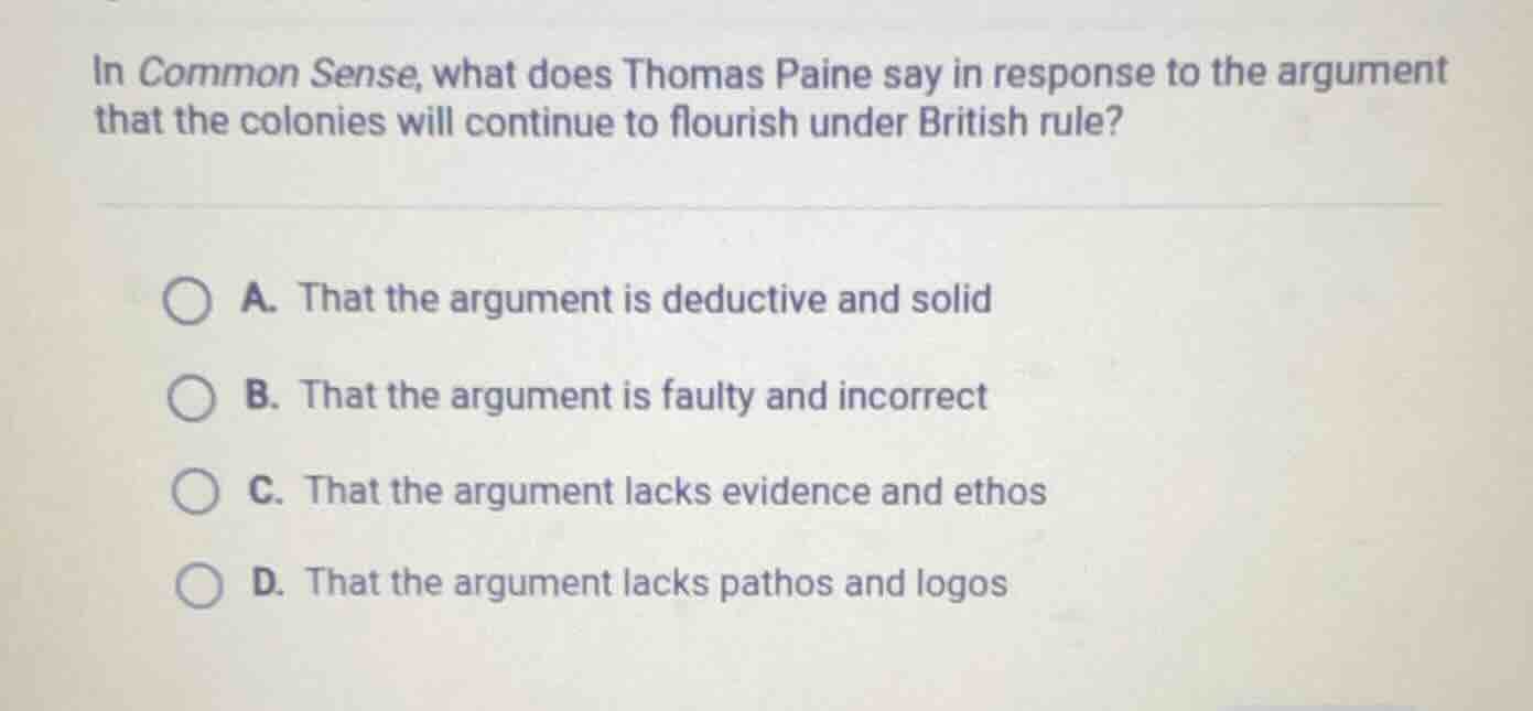 in common sense, what does thomas paine say in response to the argument…
