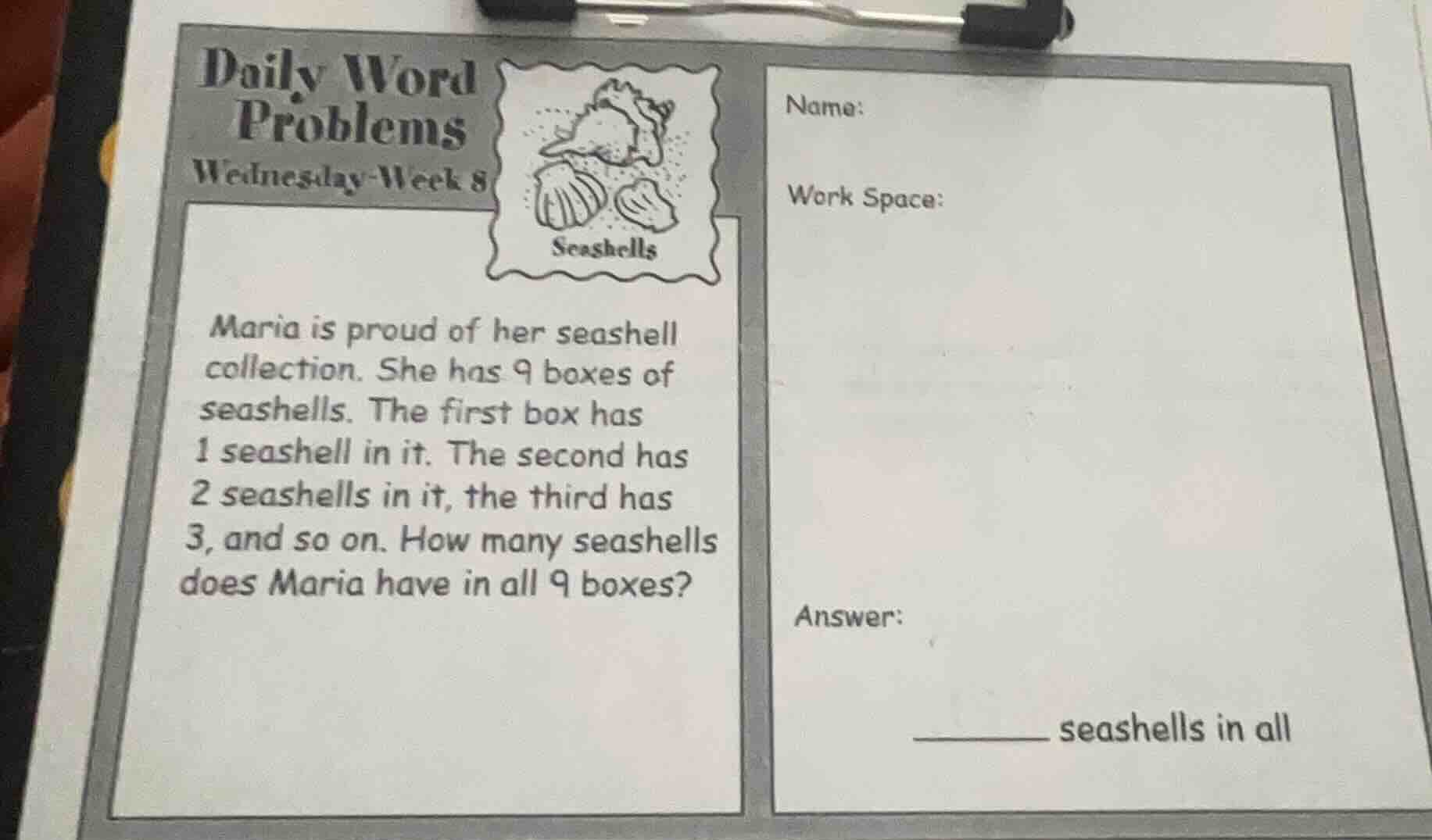 daily word problems wednesday-week 8 maria is proud of her seashell col…