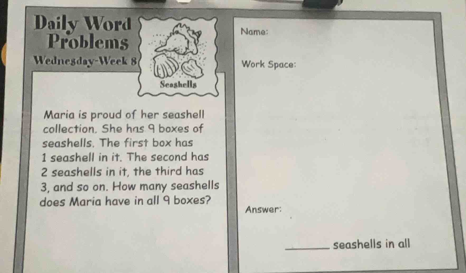 daily word problems wednesday-week 8 maria is proud of her seashell col…