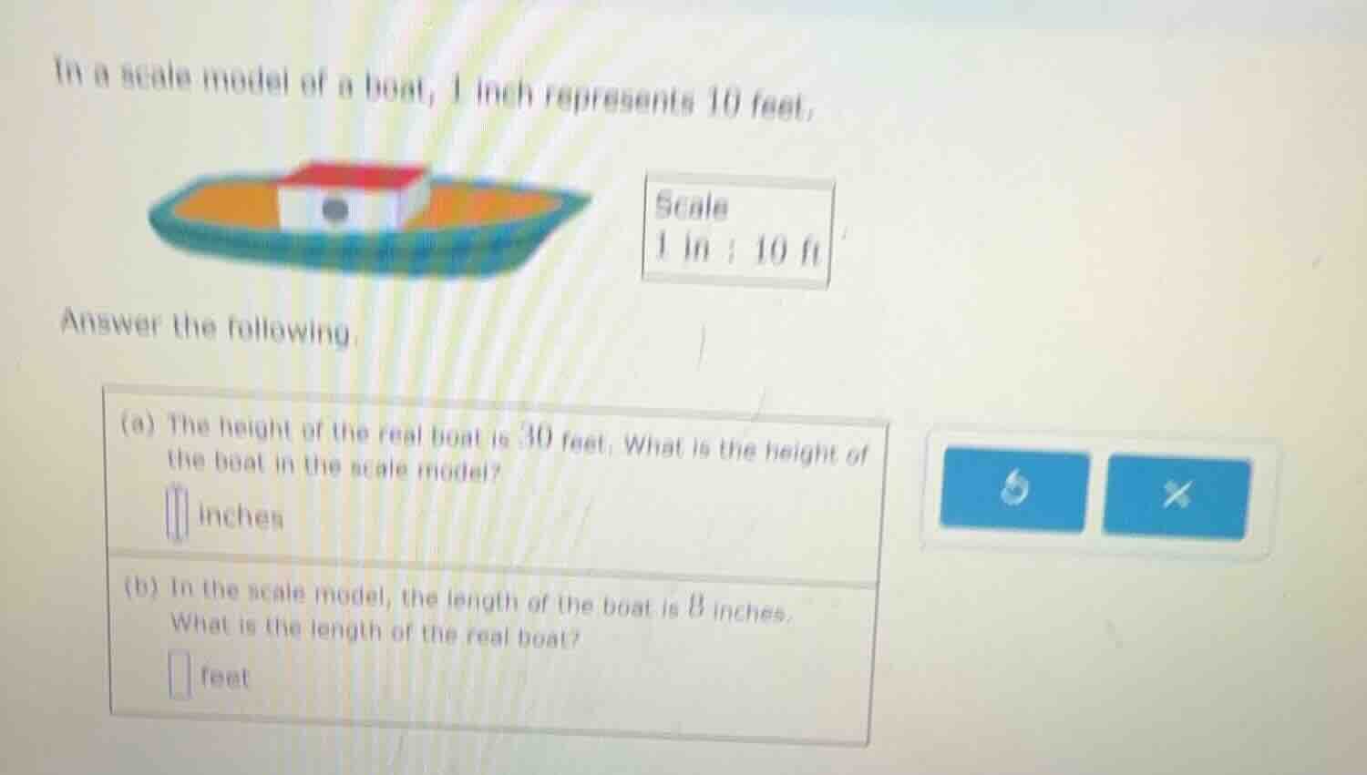 in a scale model of a boat, 1 inch represents 10 feet. image of a boat …