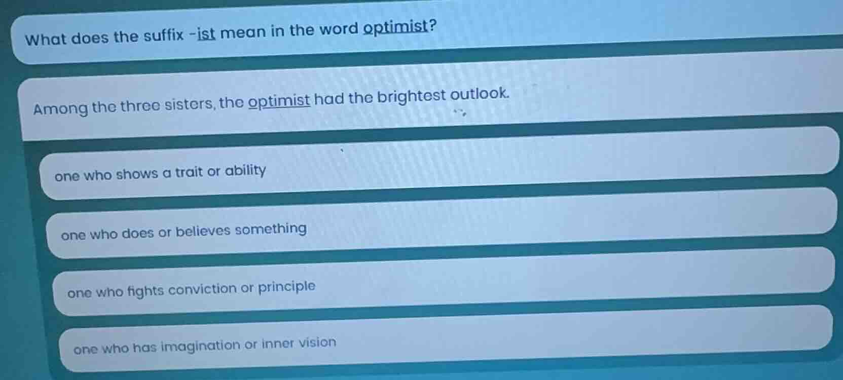 what does the suffix -ist mean in the word optimist? among the three si…