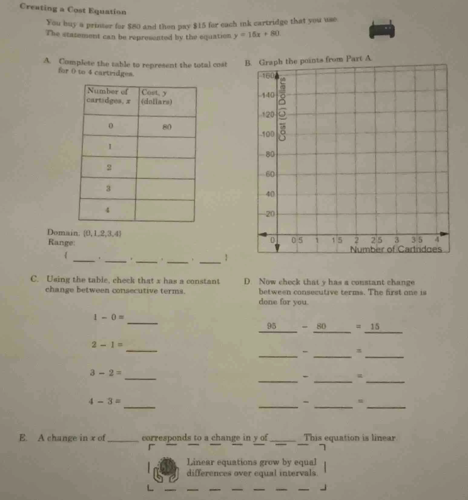 creating a cost equation you buy a printer for $80 and then pay $15 for…