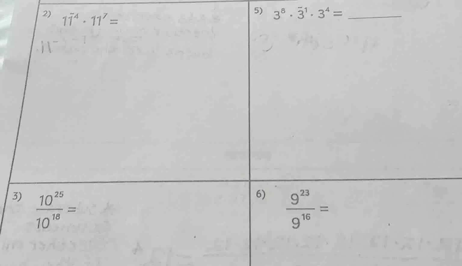2) $11^{4} cdot 11^{7} =$ 5) $3^{8} cdot 3^{1} cdot 3^{4} =$ 3) $\frac{…