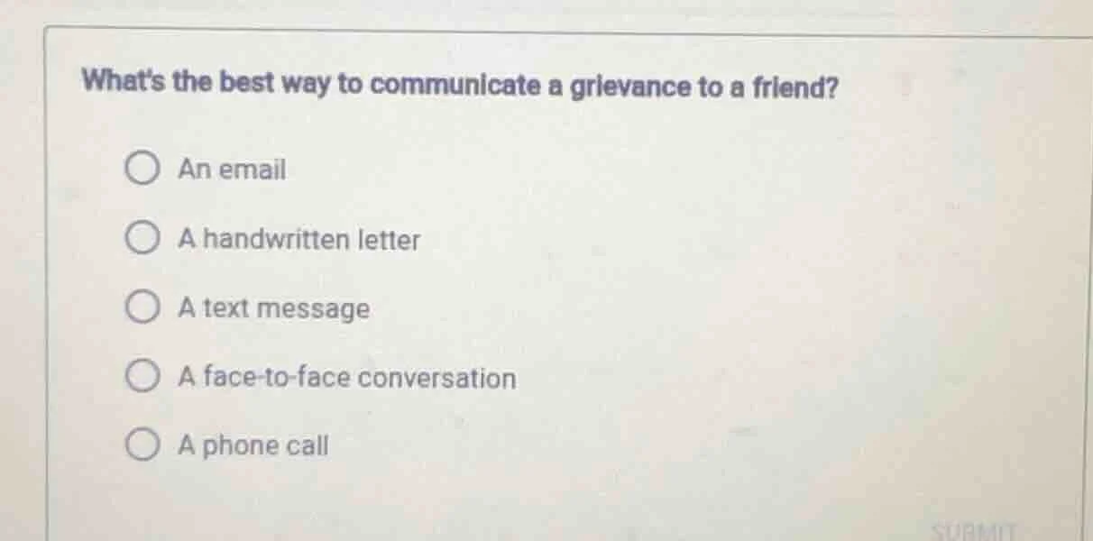 whats the best way to communicate a grievance to a friend? ○ an email ○…
