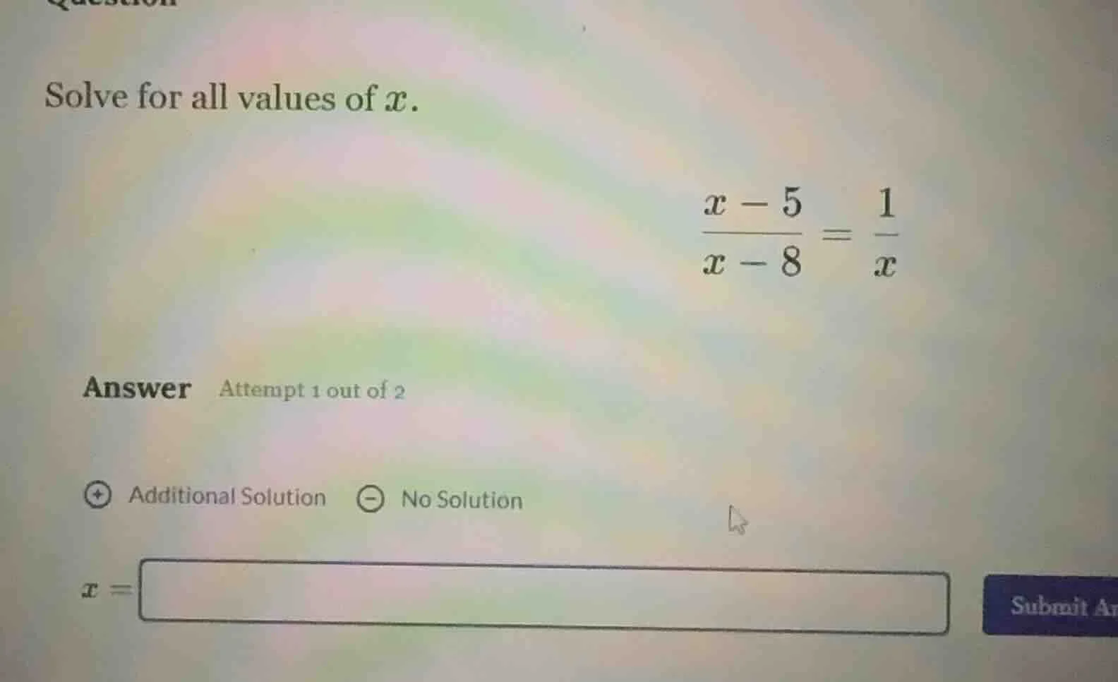solve for all values of x. \\(\\frac{x - 5}{x - 8} = \\frac{1}{x}\\) an…